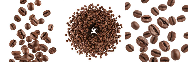 Fototapeta premium Roasted Coffee Beans Flying (Coffea arabica) - Grains de café, Granos de café. Aromatic dark roast beans for espresso and caffeine lovers. Gourmet coffee bean explosion background.