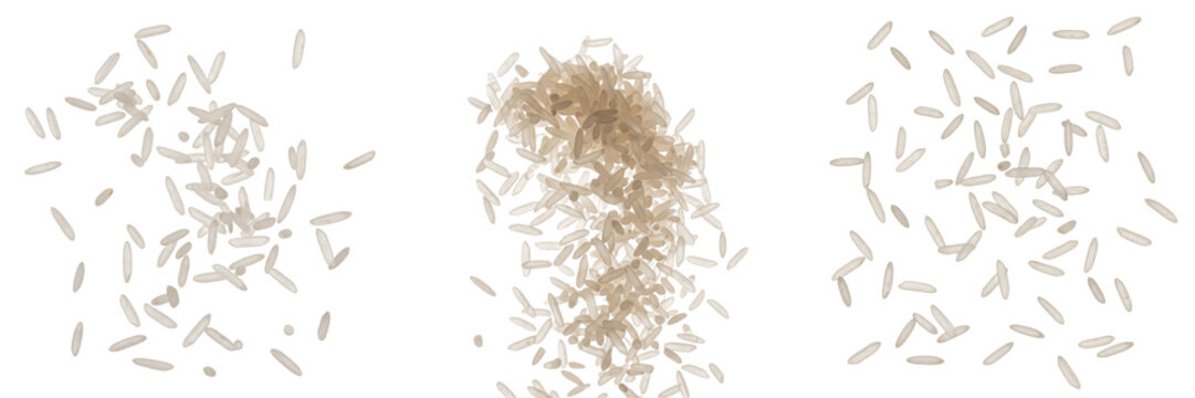 White Rice Grains Flying (Oryza sativa) - Grains de riz, Granos de arroz. Staple cereal grain for international cuisine. Organic white jasmine rice scattering on screen background.