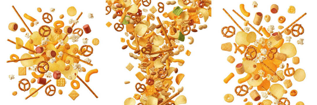 Savory Snacks Flying - Snacks sal&eacute;s, Aperitivos salados. Nuts, seeds, and salted biscuits. Crunchy protein-rich appetizer explosion for bar and party backgrounds.