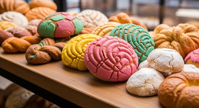 Concha Bakery Display: A close-up view of colorful sweet concha pastries, artfully arranged on a wooden shelf, a delicious bakery treat with sweet topping. 
