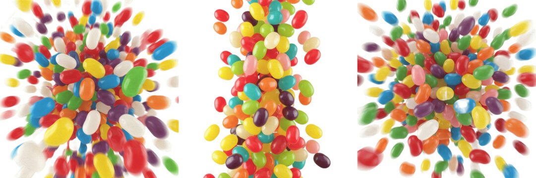 Colorful Jelly Beans Flying - Drag&eacute;es g&eacute;lifi&eacute;es, Jelly beans. Small bean-shaped sugar candies. Multi-colored fruit flavored jelly bean explosion on screen.