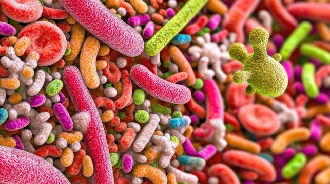 Colorful gut microbiome bacteria close-up; health, digestion, science