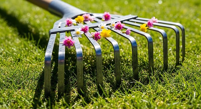 A garden rake lies on a vibrant green lawn with scattered pink and yellow flowers caught in its metal tines on a sunny day.