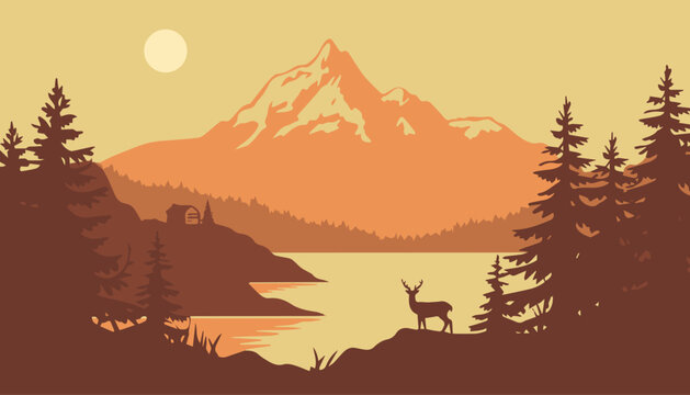 mountain cabin by lake wilderness scene layered silhouettes