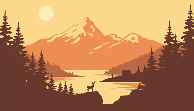 mountain landscape cabin deer by lake at sunset illustration