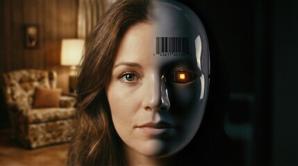 Woman with half human and half robotic face showing barcode. Sci-fi concept of cybernetic mind control, artificial intelligence and digital hypnosis. Human interaction with future technology.