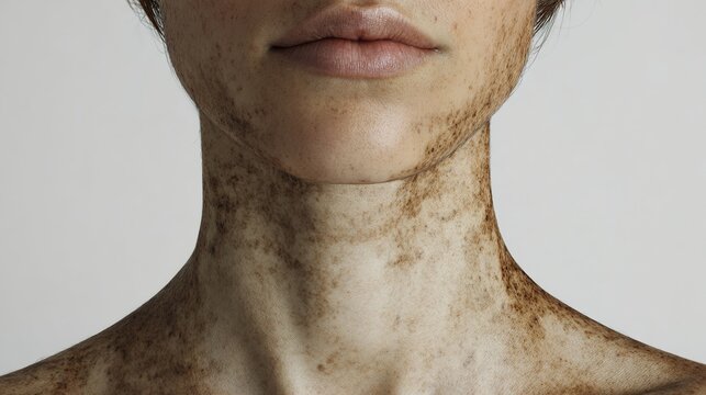 Extreme close up of woman neck with dark pigmentation spots