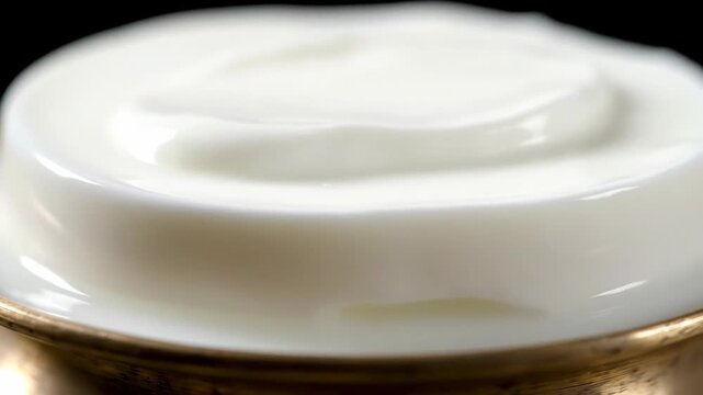 Macro shot of smooth white cosmetic cream texture in a golden container, skincare product swirl, makeup foundation detail