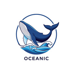 Naklejka premium A majestic blue whale breaches from the ocean waves, depicted in a circular logo with the word 