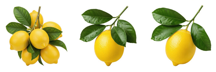 Lemon fruit with glossy leaves on a branch isolated on white background, Citrus limon whole lemon with leaf stem citrus fruit isolated clipping path studio fruit image clean background