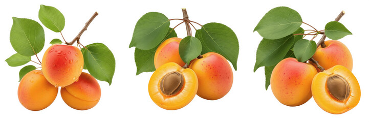 Fresh apricot fruit trio with leaves on branch isolated on white background, Prunus armeniaca three apricots with stems stone fruit isolated clipping path studio fruit image clean background © BdGai
