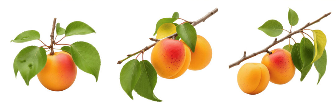 Ripe apricot pair with leaves on branch isolated on white background, Prunus armeniaca two apricots with stems stone fruit isolated clipping path studio fruit image clean background