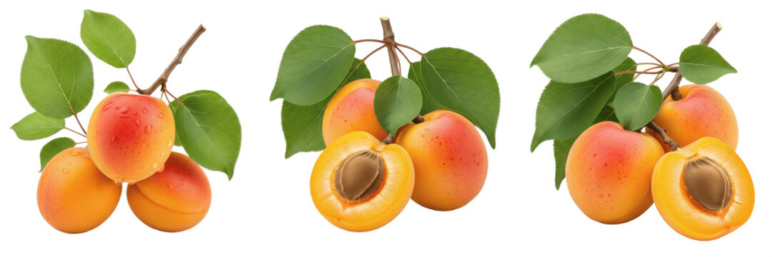 Fresh apricot fruit trio with leaves on branch isolated on white background, Prunus armeniaca three apricots with stems stone fruit isolated clipping path studio fruit image clean background