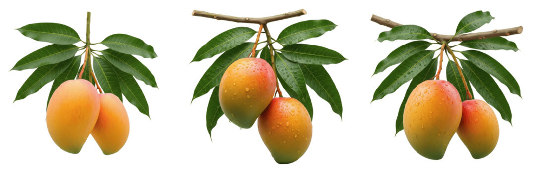 Ripe mango pair with tropical leaves on branch isolated on white background, Mangifera indica two mangoes with stems tropical fruit isolated clipping path studio fruit image clean background