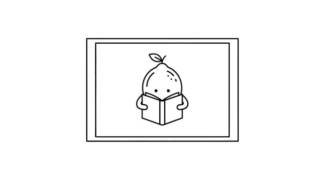 Cute cartoon lemon character reading a book, educational concept, black and white illustration