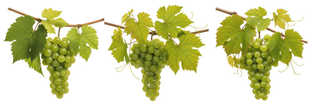 Green grapes cluster with vineyard leaves on branch isolated on white background, Vitis vinifera white grape bunch with foliage vineyard fruit isolated clipping path studio image