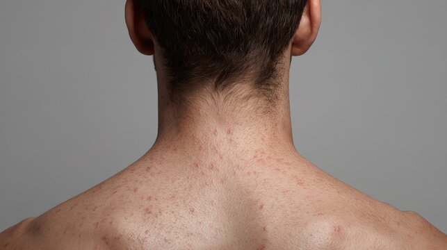 Male neck and upper back with red acne and irritation
