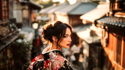 Obraz premium 古い街並みを背景に振り返る着物姿の美しい女性