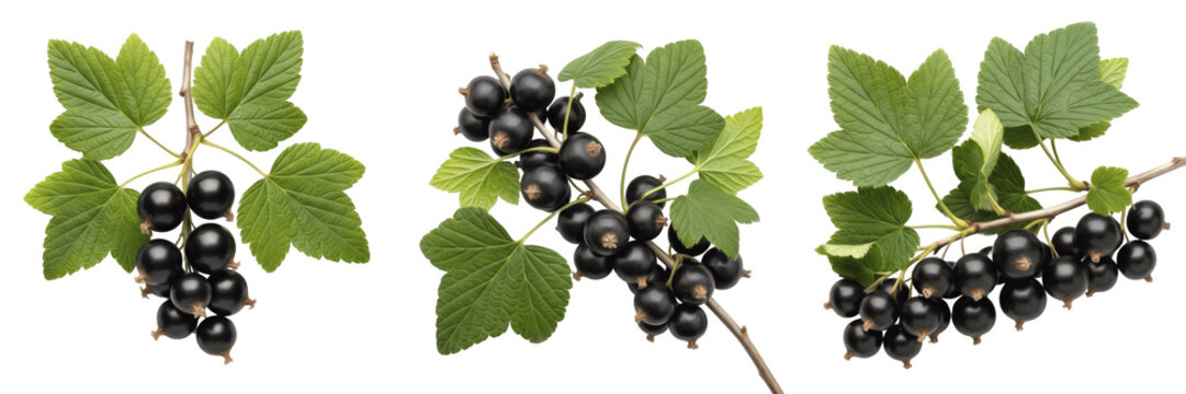 Black currant fruits with serrated leaves on a branch isolated on white background, Ribes nigrum black currant berry fruit isolated clipping path studio fruit image clean background