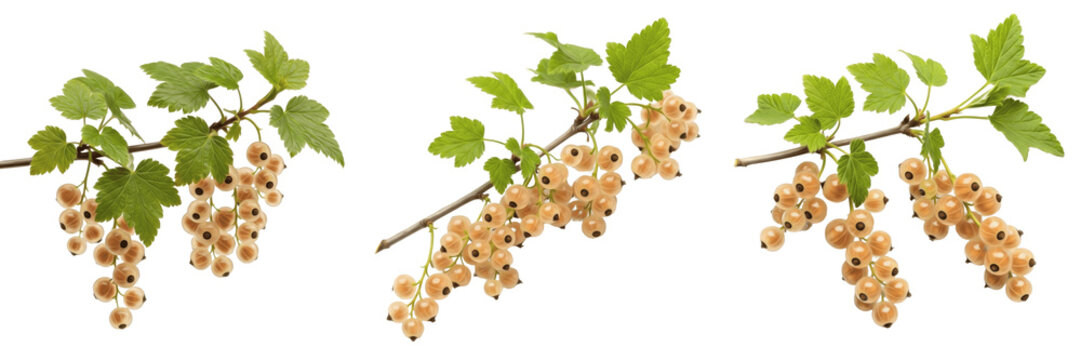 White currant berries with delicate leaves on a branch isolated on white background, Ribes rubrum white currant berry fruit isolated clipping path studio fruit image clean background