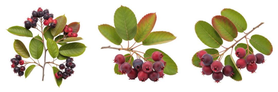 Serviceberry fruits with oval leaves on a branch isolated on white background, Amelanchier alnifolia serviceberry berry fruit isolated clipping path studio fruit image clean background