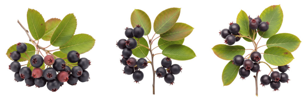 Juneberry fruits with natural leaves on a branch isolated on white background, Amelanchier species juneberry berry fruit isolated clipping path studio fruit image clean background
