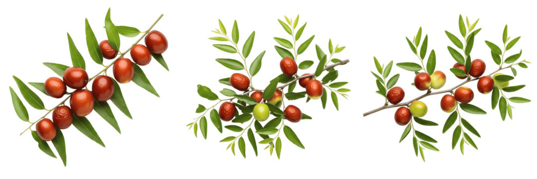 Jujube fruits with narrow leaves on a branch isolated on white background, Ziziphus jujuba Chinese date red date fruit isolated clipping path studio fruit image clean background