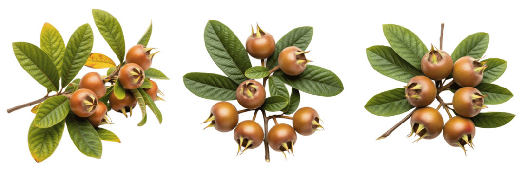 Sapodilla fruits with smooth tropical leaves on a branch isolated on white background, Manilkara zapota sapodilla fruit isolated clipping path studio fruit image clean background