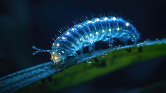 Glowing caterpillar on leaf.