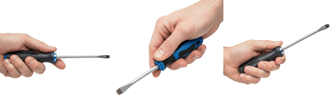 Collage of hands holding a flat head slotted screwdriver in different angles, professional manual hand tool for repair isolated on white background