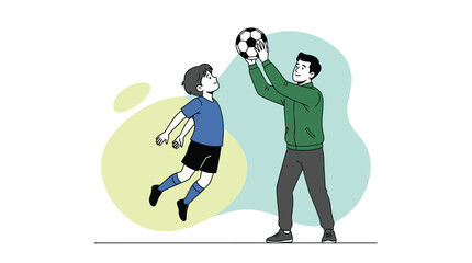 Fototapeta premium Joyful Father and Son Playing Soccer, Man Helping Young Boy Practice Kicking and Ball Control