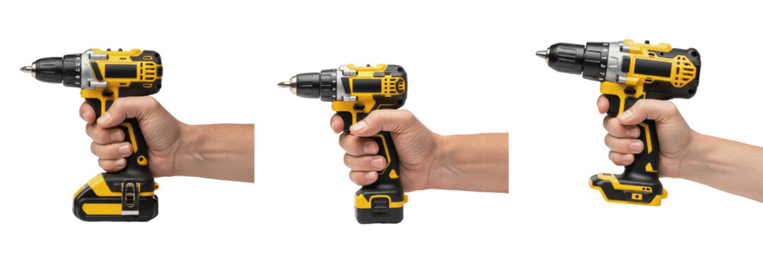 Collage of hands holding a yellow cordless electric drill in different positions, professional power tool for construction and DIY isolated on white background
