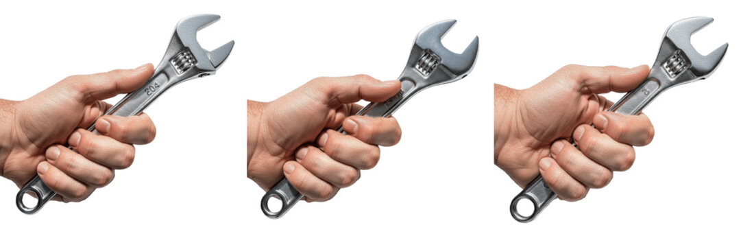 Close-up collage of hands holding a chrome adjustable wrench, professional plumber and mechanic tool isolated on white background
