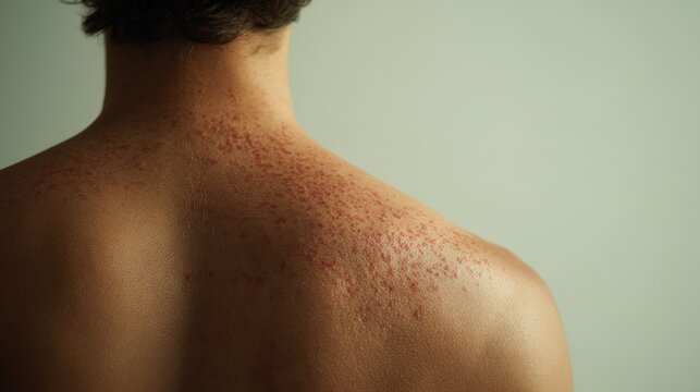 Rear view of man with red hives or heat rash on shoulders