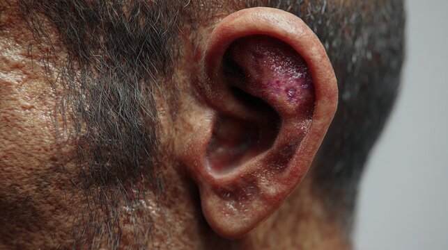 Close up of bruised and inflamed human ear with hematoma