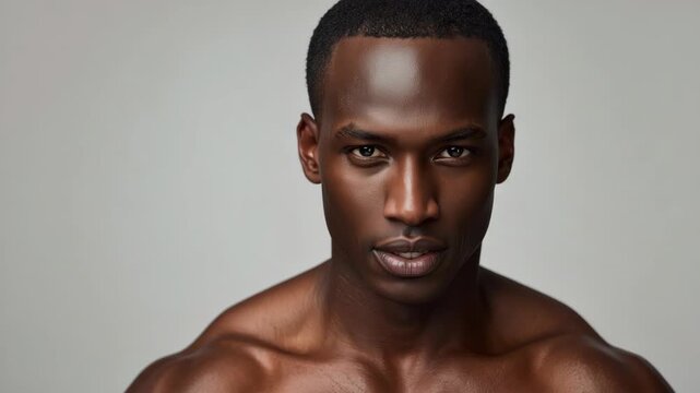 Male dark skin portrait headshot muscular confident athletic dark skinned man intense gaze studio