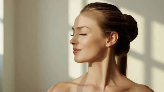 Elegant woman portrait sunlight skin beauty skincare serene expression young woman with closed eyes