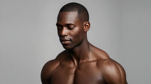 Athletic dark skin musculature torso portrait smiling confident muscular male studio lighting