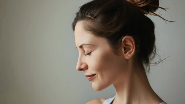 Young woman portrait side profile closed eyes calm serene enjoying peaceful expression soft light
