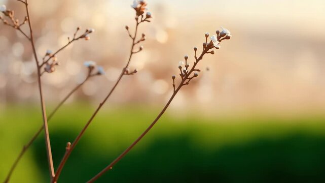 Delicate wildflower stems and white branch with soft bokeh, warm sunrise blossom glow