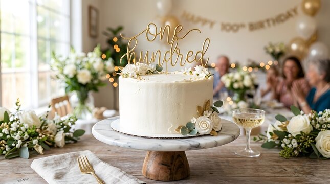One hundredth birthday cake on a festive table, suitable for celebrating milestone birthdays and elderlyrelated occasions illustrations.