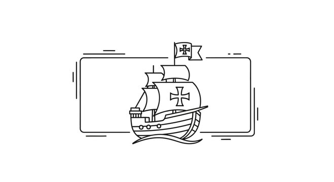 Minimalist outline illustration of an ancient sailing vessel navigating the open ocean waters