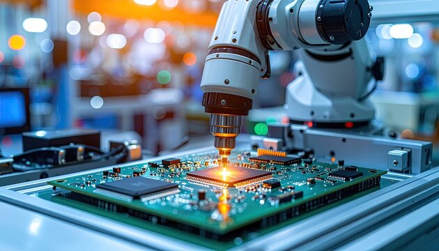 Advanced Robotic Machinery Precisely Assembles Microchips on a Circuit Board, Showcasing Cutting-edge Technology and Efficiency in Electronic Manufacturing