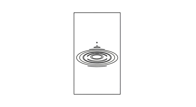 Minimalist black line art illustration of a single water droplet creating perfect circular ripples