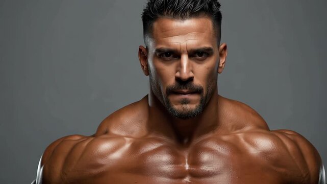 Muscular male shirtless torso chest six pack. muscular bodybuilder posing with chiseled physique