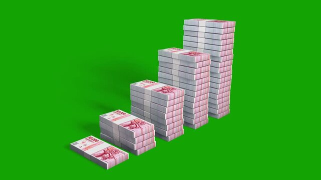 Rising stacks of Argentine 50,000 Chacho banknotes on a green screen. A 3D financial growth concept with an included alpha matte, perfect for business, inflation, or banking content.