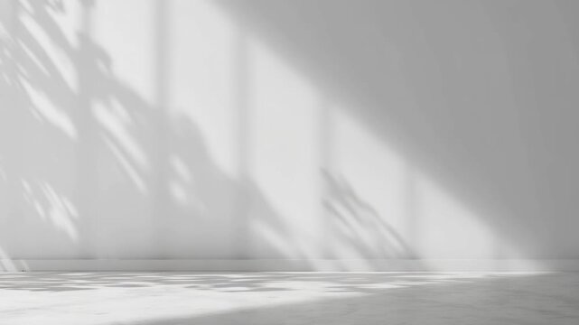 Soft sunlight and natural window light casting geometric leaf shadow patterns minimal white wall