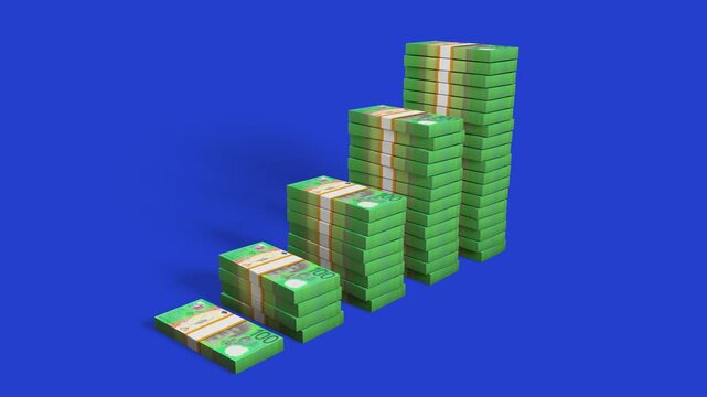 Growing stacks of Australian 100 dollar bills forming a rising bar graph on a blue background. Includes alpha matte for transparency. Ideal for finance, investment, and Australian economy concepts.