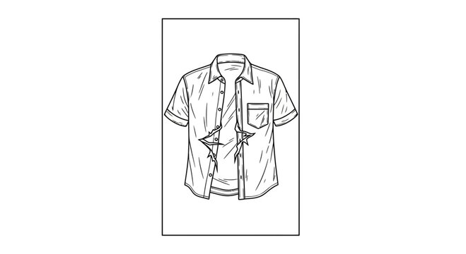 Detailed line art illustration of an unbuttoned men's short-sleeved shirt with an undershirt