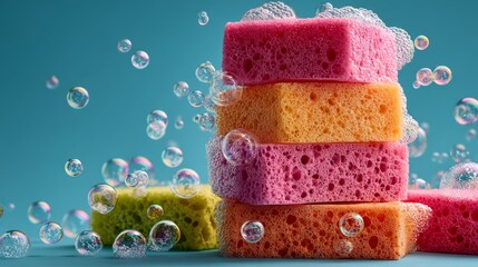 Fototapeta na wymiar Colorful sponges stacked on a bright background with soap bubbles for home cleaning tasks during the day